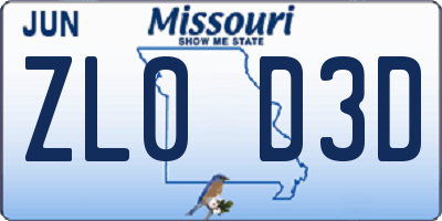 MO license plate ZL0D3D