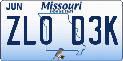 MO license plate ZL0D3K
