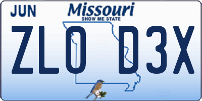 MO license plate ZL0D3X