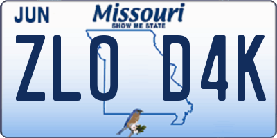 MO license plate ZL0D4K