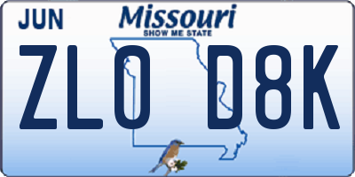 MO license plate ZL0D8K