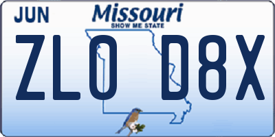 MO license plate ZL0D8X