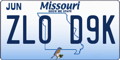 MO license plate ZL0D9K