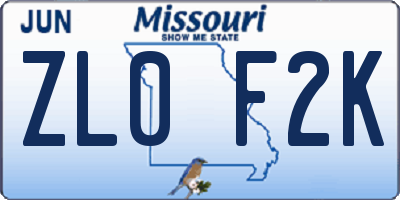 MO license plate ZL0F2K