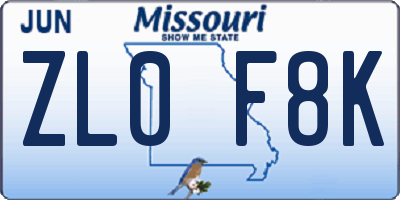 MO license plate ZL0F8K