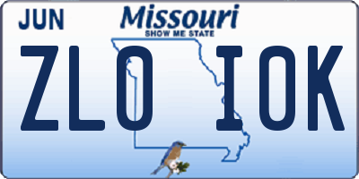 MO license plate ZL0I0K