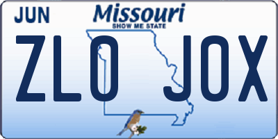 MO license plate ZL0J0X