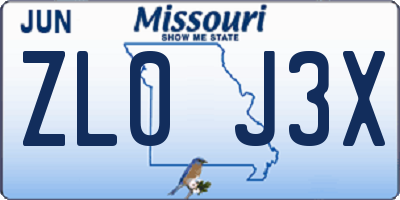 MO license plate ZL0J3X