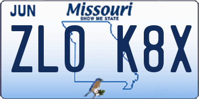 MO license plate ZL0K8X