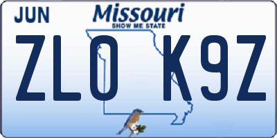 MO license plate ZL0K9Z