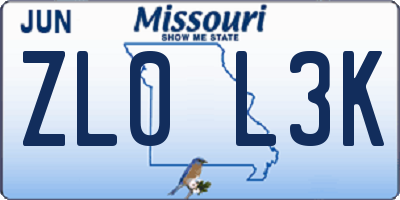 MO license plate ZL0L3K
