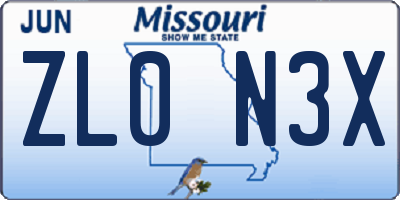 MO license plate ZL0N3X