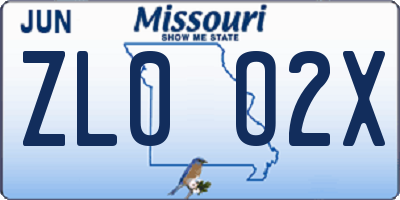 MO license plate ZL0O2X