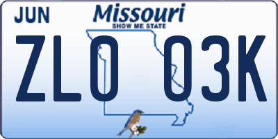 MO license plate ZL0O3K