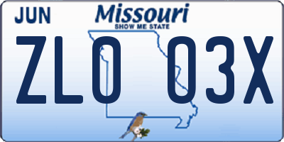 MO license plate ZL0O3X