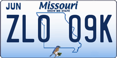 MO license plate ZL0O9K