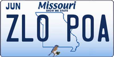 MO license plate ZL0P0A