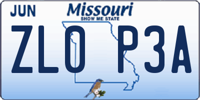 MO license plate ZL0P3A