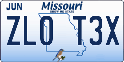 MO license plate ZL0T3X
