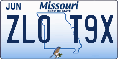 MO license plate ZL0T9X