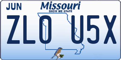 MO license plate ZL0U5X