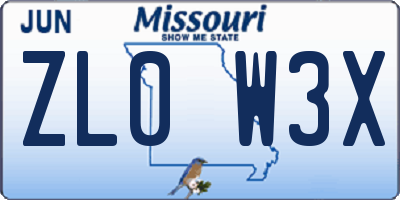 MO license plate ZL0W3X