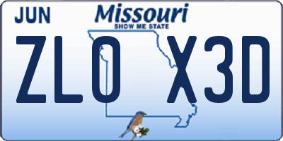 MO license plate ZL0X3D