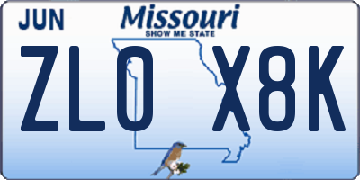 MO license plate ZL0X8K
