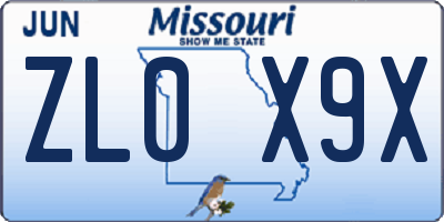 MO license plate ZL0X9X