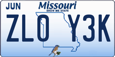 MO license plate ZL0Y3K