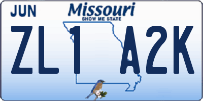 MO license plate ZL1A2K