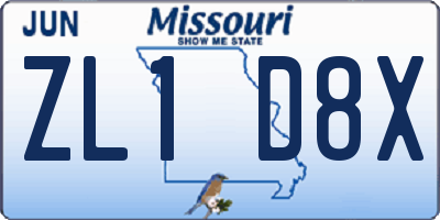 MO license plate ZL1D8X