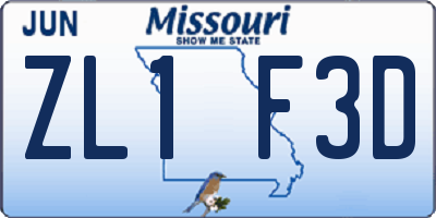 MO license plate ZL1F3D