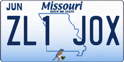 MO license plate ZL1J0X