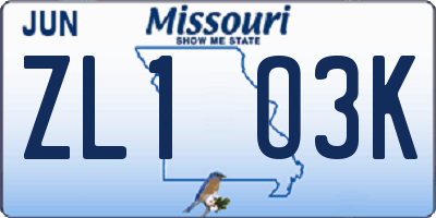 MO license plate ZL1O3K