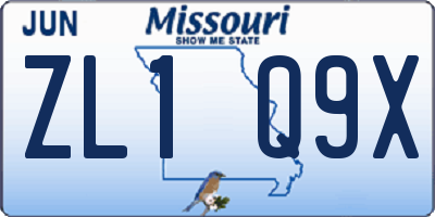 MO license plate ZL1Q9X