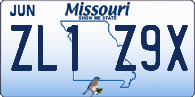 MO license plate ZL1Z9X