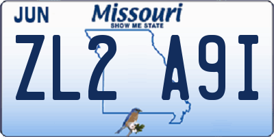 MO license plate ZL2A9I