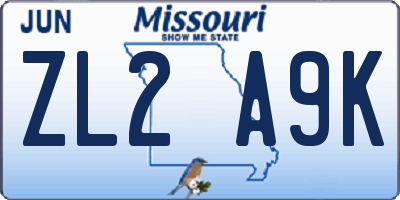 MO license plate ZL2A9K