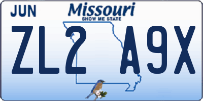 MO license plate ZL2A9X