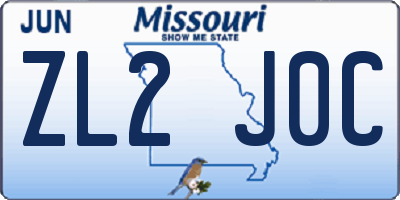 MO license plate ZL2J0C