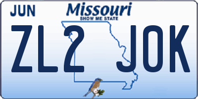 MO license plate ZL2J0K