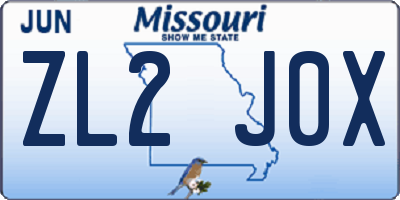 MO license plate ZL2J0X