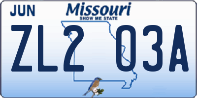 MO license plate ZL2O3A