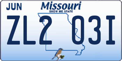 MO license plate ZL2O3I