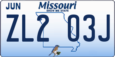 MO license plate ZL2O3J