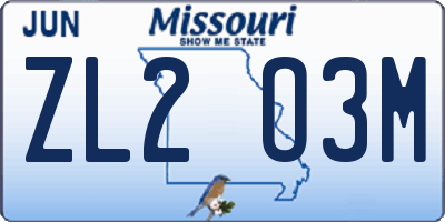 MO license plate ZL2O3M