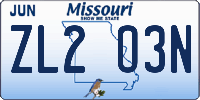 MO license plate ZL2O3N
