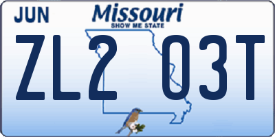MO license plate ZL2O3T