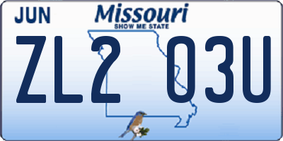 MO license plate ZL2O3U